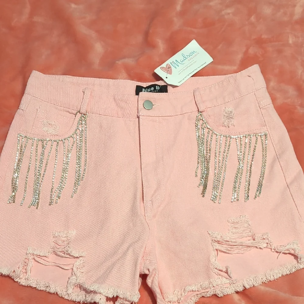 Pink Distressed Women Shorts with Fringe Detail - Picture 1 of 7